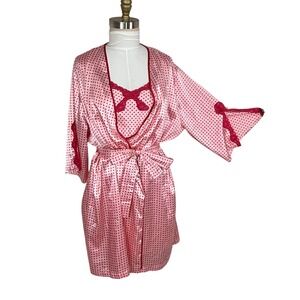 Cabernet Pink Red Polka‎ Dot Lace Trim Slip Chemise Robe Lingerie Set